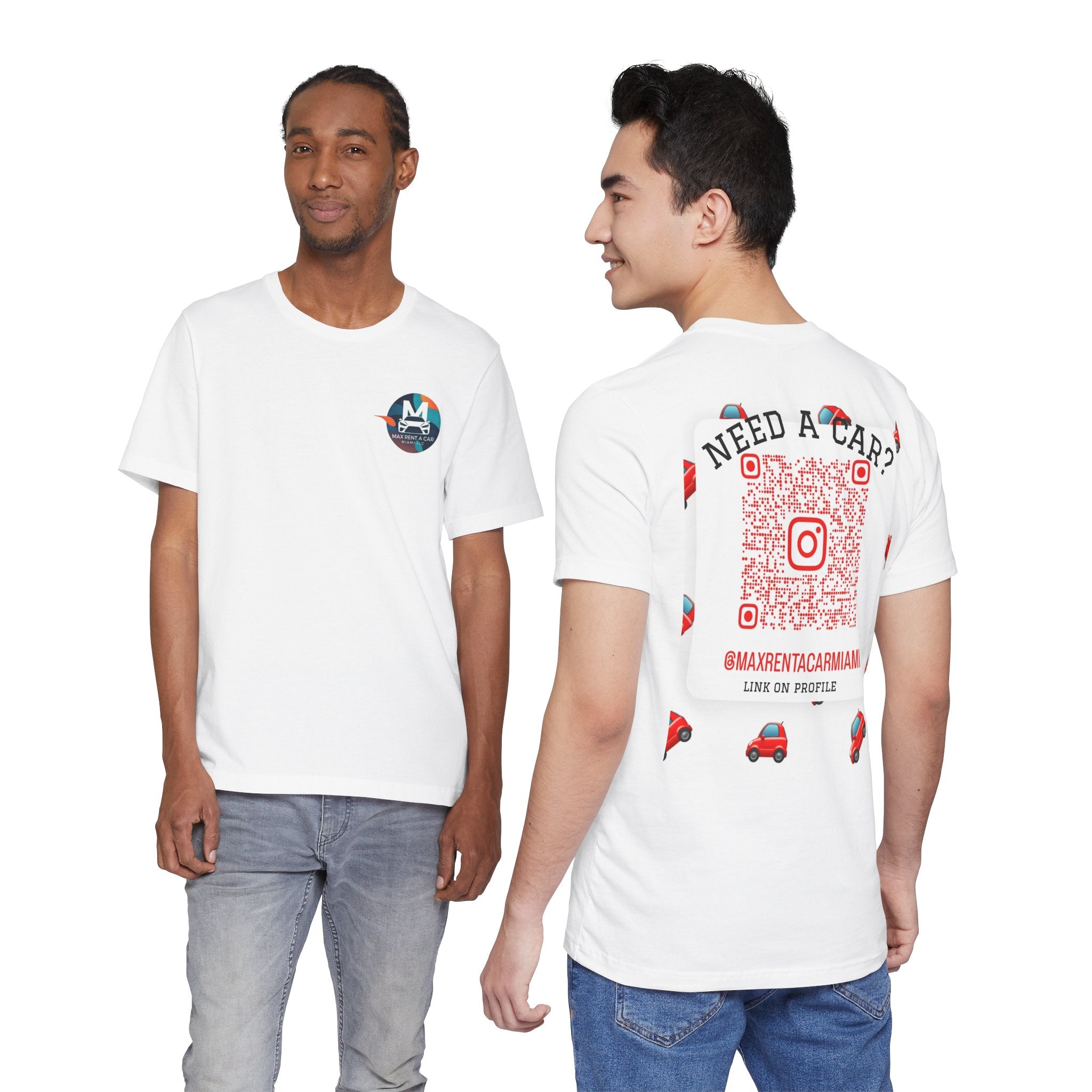 Car Rental Promo T-Shirt — “Need a Car?” QR Code Back Tee